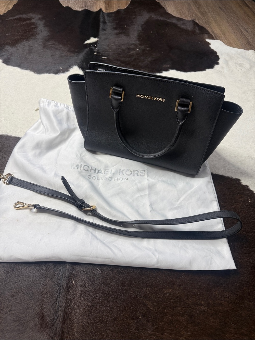 Michael Kors Selma Black Saffiano Leather Winged Satchel with Gold Hardware